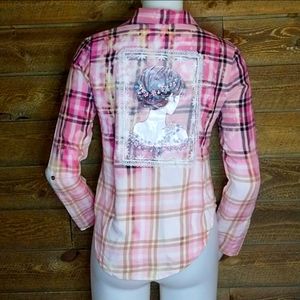 Customized Pink Plaid Button Down Shirt With Lace (in closet)